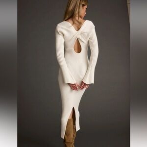 12th Tribe Ribbed Knit White Gwyneth Midi Sweater Bell Sleeve Dress sz L